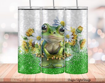 Entzückender Frosch 20 Unzen Skinny Tumbler Sublimationsdesign, niedlicher Frosch mit Sonnenblumen und Gänseblümchen, digitaler Download PNG, grüner und weißer Glitzer