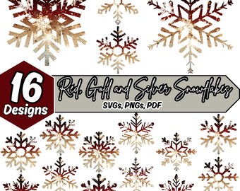 Rot, Gold und Silber Schneeflocke Bundle SVG, PNG, PDF | 16 Elegante Schneeflocken | Schneeflocke svg, Schablone, Clipart, Weihnachten & Winter png