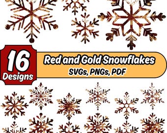 Rot und Gold Schneeflocke Bündel SVG, PNG, PDF | 16 Elegante Schneeflocken | Snowflake svg, Ornament svg, Stencil, Clipart, Weihnachten & Winter svg