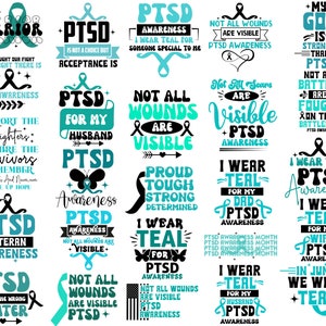 PTSD Awareness SVG Bundle of 25, Veteran Mental Health Awareness, Teal Ribbon SVG, Mental Health SVGs, Not All Wounds Are Physical PNGs