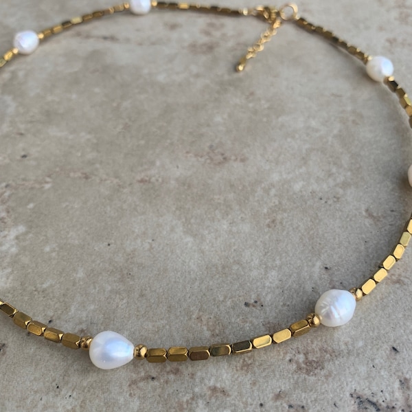 Natural Freshwater Pearl Neckles Gold plated hematite beads, Beaded Necklace , Mother’s Day Gift