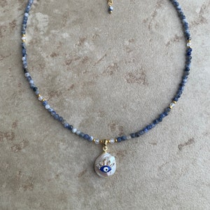 Blue sodalite Beaded Necklace Choker with Evil Eye freshwater pearl pendant , sodalite Gemstone Necklace Handmade Jewelry genuine gemstones