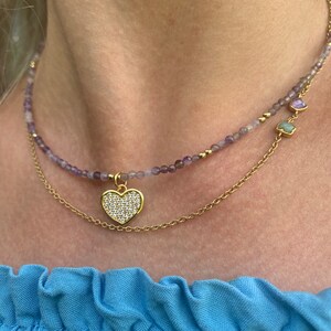 Amethyst Beaded Choker Necklace: Gold Heart Pendant, Handmade Jewelry