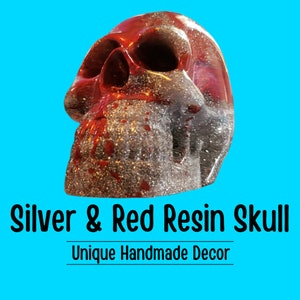 Handheld Silver and Red Glitter Epoxy Resin Skull | Perfect for Decor | Home | Man Cave | Office | Paper Weight | Custom | Unique