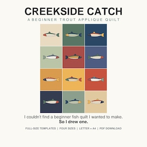 Pode incluir: Um padrão digital intitulado CREEKSIDE CATCH A BEGINNER TROUT APPLIQUE QUILT apresentando uma grade de doze ilustrações de trutas coloridas em vários tons suaves. O texto inclui I couldn't find a beginner fish quilt I wanted to make. So I drew one. FULL-SIZE TEMPLATES | FOUR SIZES | LETTER + A4 | PDF DOWNLOAD.