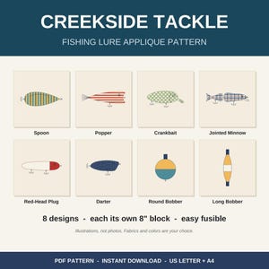 Może przedstawiać: Wzór aplikacji przynęt wędkarskich Creekside Tackle zawierający osiem projektów: łyżka, popper, crankbait, przegubowy minnow, wtyczka z czerwoną głowicą, darter, okrągły spławik i długi spławik. Każdy wzór znajduje się na bloku 20,32 cm. Zawiera wzór PDF i pobieranie.