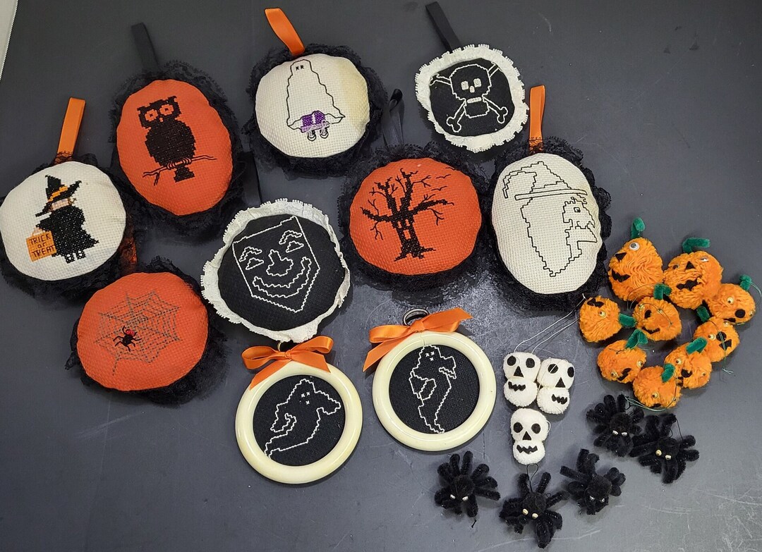 Vintage Homemade Cross Stitch Halloween Ornaments Decor Witches