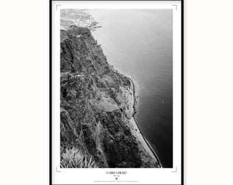Cabo Girão Print | Black and White Aerial Cliff Wall Art | Japanese Paper Poster