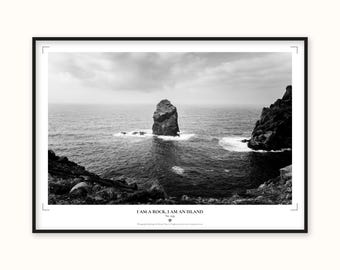 Madeira Sea Stack Print | Atlantic Ocean Wall Art | Black and White Landscape Poster
