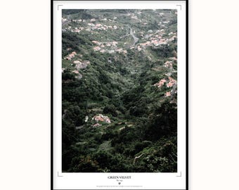 Madeira Valley Print | Lush Green Mountain Town Aerial View | Japanese Paper Poster