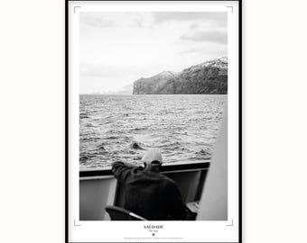 Saudade Print | Black and White Boat Leaving Madeira Ocean Poster (Japanese Paper)
