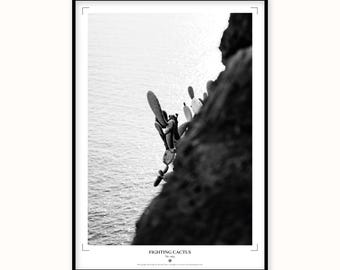 Fighting Cactus Print | Black and White Madeira Cliff Plant Wall Art (Japanese Paper)