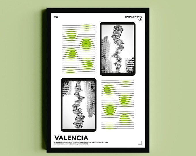 VALENCIA | Modern Architecture Poster | Valencia Urban Art Print | Abstract Black & White Photography with Green Accents | Japanese Paper
