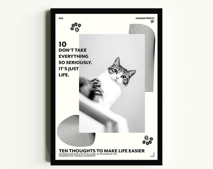 TEN THOUGHTS 10 | Minimalist Cat Quote Poster | Black and White Motivational Wall Art | Lighthearted Modern Print | Mental Health Decor