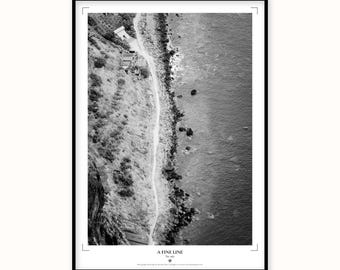 Madeira Aerial Coast Print | Black and White Bird's Eye Coastal Wall Art (Japanese Paper)
