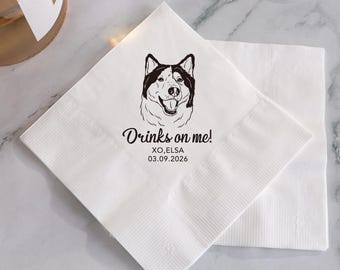 Custom Dog Engagement Napkins, Personalized Pet Portrait Line Art, Fun Wedding Cocktail Napkins
