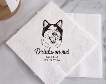 Custom Dog Engagement Napkins, Personalized Pet Portrait Line Art, Fun Wedding Cocktail Napkins