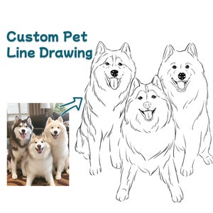 Könnte beinhalten: Linienzeichnung von drei Hunden, zwei weißen und einem braun-weißen, die sitzen und in die Kamera schauen. Die Zeichnung ist in Schwarzweiß und trägt die Aufschrift "Custom Pet Line Drawing".