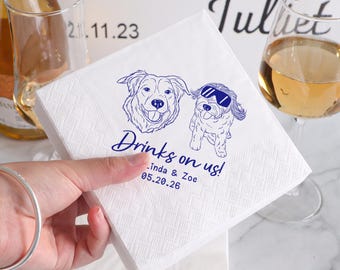 Custom Pet Wedding Napkins, Line Art Portraits, Elegant Engagement Cocktail Napkins