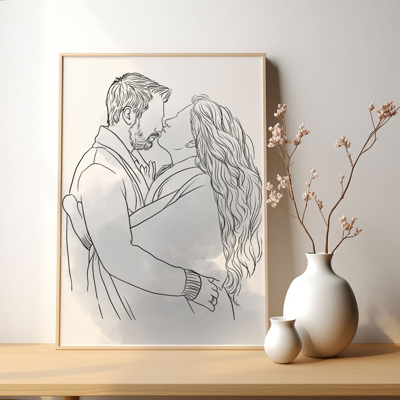 Dessin au trait personnalisé, Dessin minimaliste personnalisé, Portrait d'un couple, Dessin de couple à partir d'une photo à mon style, Cadeau de la Saint-Valentin image 3