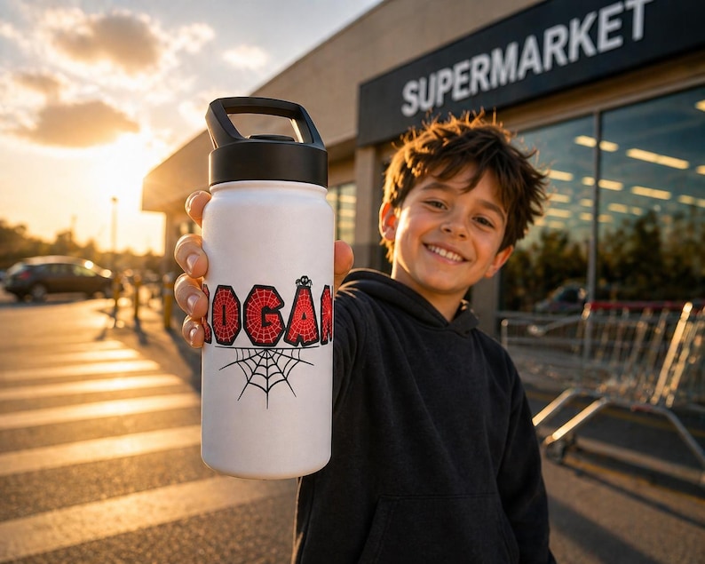 May include: White water bottle with a black handle and lid. The name "LOGAN" is printed in red, with a spiderweb design. A black spiderweb graphic is below the name. The bottle is held by a person in front of a supermarket.