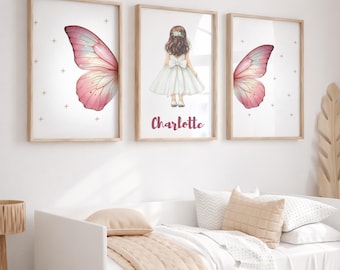 Butterfly Nursery Wall Art Set of 3 | Floral Baby Girl Decor | Pink Purple Butterfly Prints | Botanical Girls Room Art
