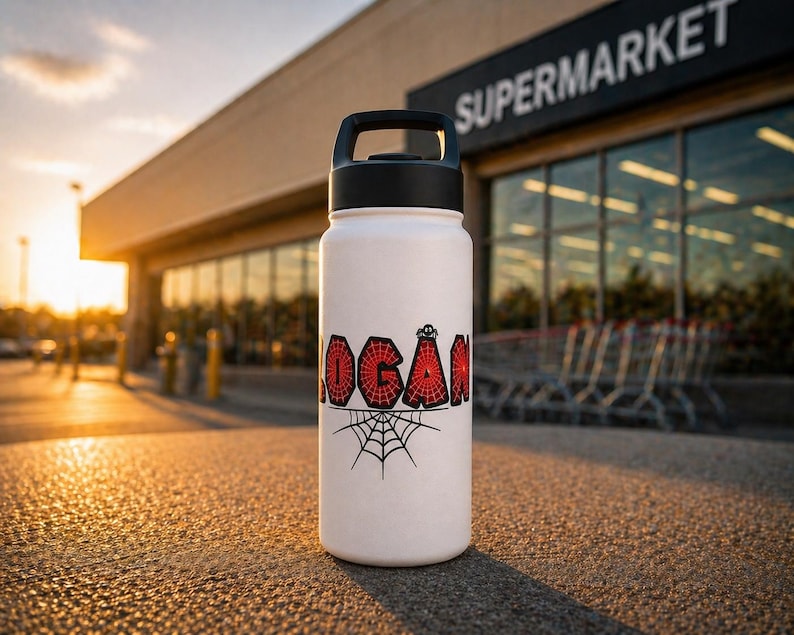 May include: White water bottle with a black handle and lid. The bottle features the name "LOGAN" in red, web-patterned lettering, with a spider and web graphic below. The bottle is standing outside a supermarket.