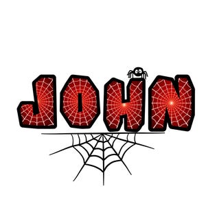 May include: A graphic illustration of the name "JOHN" in bold, red letters with a spiderweb design. A small cartoon spider sits atop the letter "H". A black spiderweb is below the name, all on a white background.