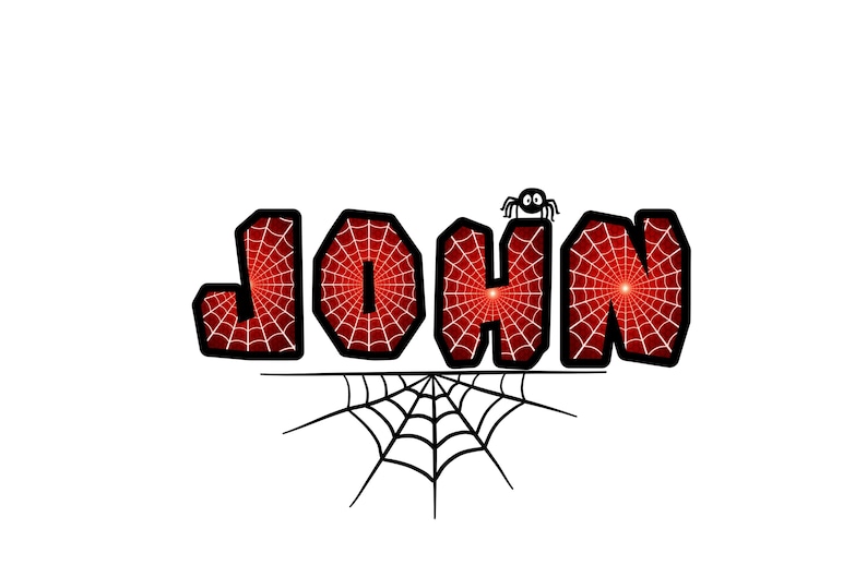 May include: A graphic illustration of the name "JOHN" in bold, red letters with a spiderweb design. A small cartoon spider sits atop the letter "H". A black spiderweb is below the name, all on a white background.
