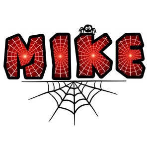 May include: The name "MIKE" in bold, bubble letters, each filled with a red spiderweb design. A small black spider sits atop the "K". A black spiderweb design is below the name, all on a white background.