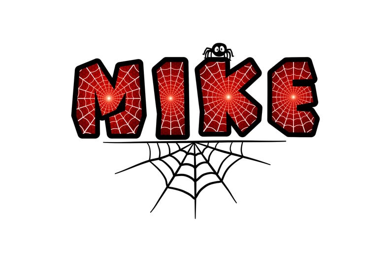 May include: The name "MIKE" in bold, bubble letters, each filled with a red spiderweb design. A small black spider sits atop the "K". A black spiderweb design is below the name, all on a white background.