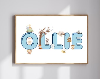 Nursery Name Wall Art | Personalized Baby Name Print | Cute Animal Nursery Decor | LION Elephant Art