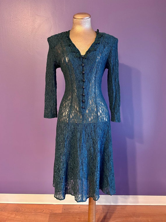 Vintage 80s Beautiful Peacock Green Lace Dress