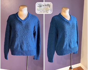 Jersey de manga larga azul oscuro con cuello en V, estilo vintage de los 80, marca Society, talla L.