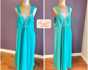 Vintage 80s Peau de Rose Elegant Teal Nightgown with Lacy Accents L