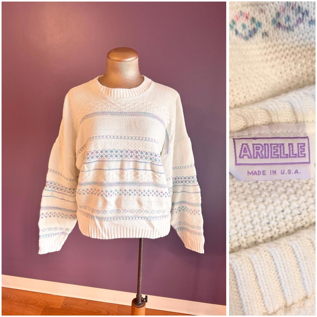 Vintage 80s Arielle Cute White Blue and Purple Simple Pullover Sweater M L