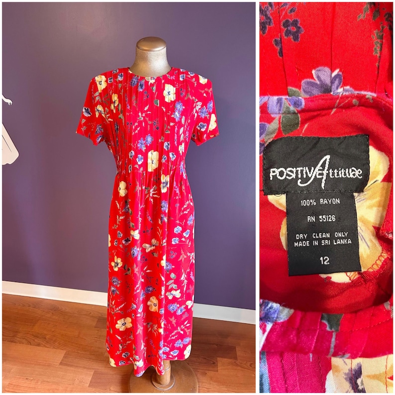Vintage 90s Positive Attitude Bright Red Floral Short Sleeve Dress L image 1