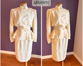 Vintage 90s Argenti Silk Pastel Butter Yellow Two Piece Blouse and Skirt Set XS
