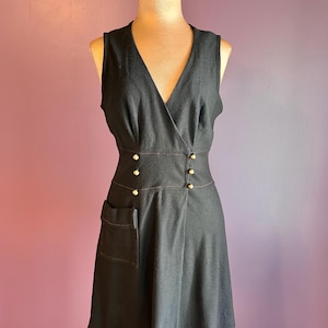 Vintage 70s Cute Black V Neck Mini Dress with Pocket