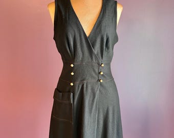 Vintage 70s Cute Black V Neck Mini Dress with Pocket
