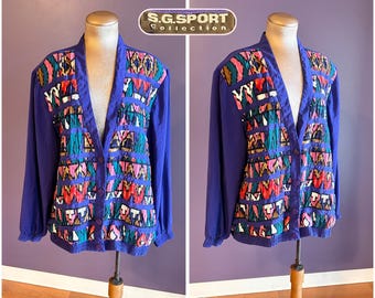 Blusa vintage de los 80 de S.G. Sport, de manga larga, con estampado abstracto en índigo y arcoíris, talla XXL.