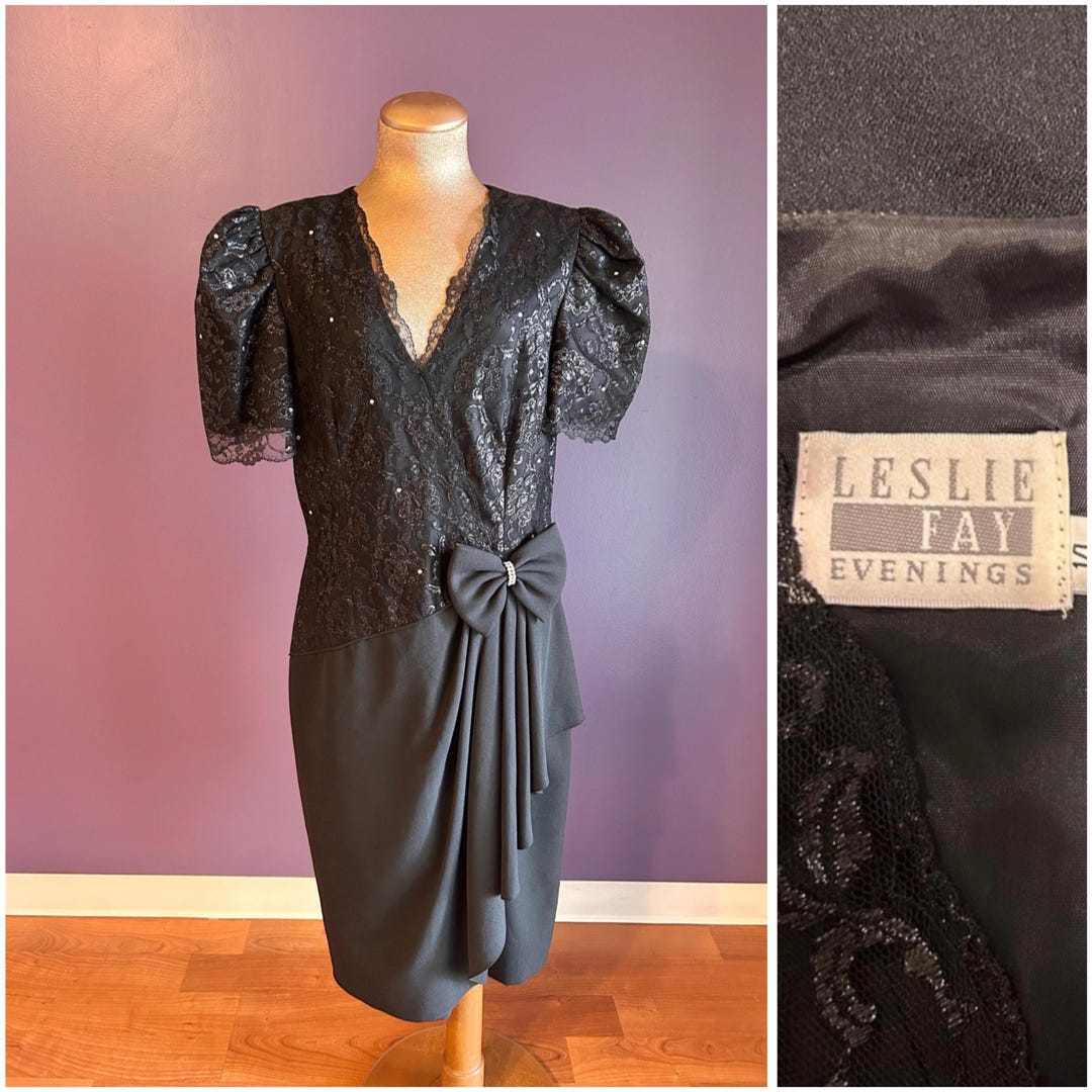 Vintage 90s Leslie Fay Evenings Black Glamorous Lacy Dress with Bow L