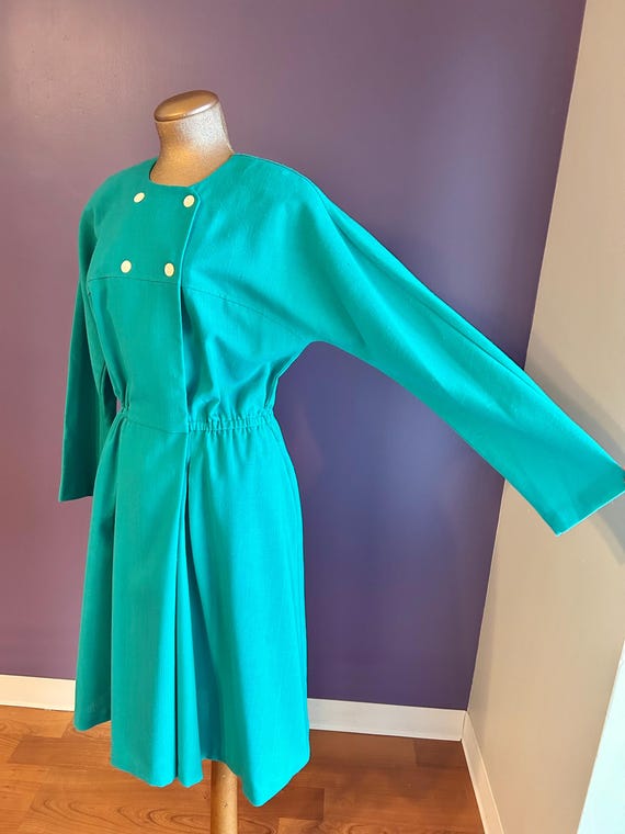 Vintage 80s Beautiful Depeche Mode Turquoise Long Sleeve Button Dress M L View 5