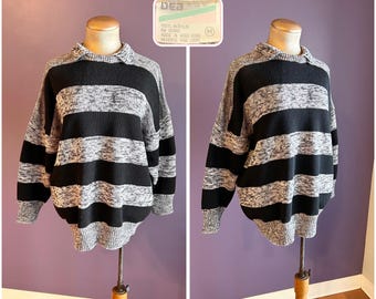 Suéter vintage dos anos 80 Deb, listrado em preto e cinza, aconchegante, tamanho M/G.