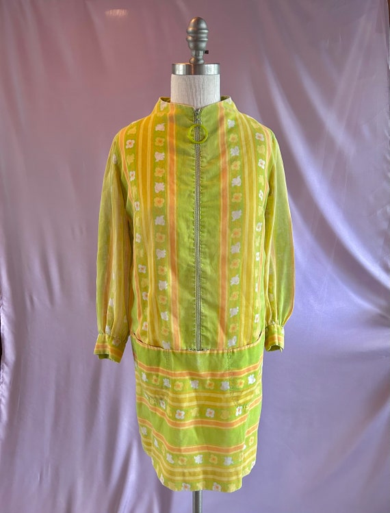 Vintage 60s Green & Yellow Mod Floral Dress
