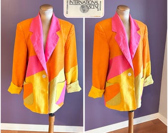 Vintage 80s International Scene Long Sleeve Vibrant Colorblock Blazer with Pockets XL
