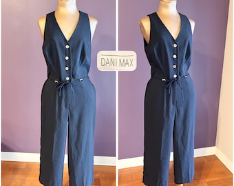 Vintage 00s Dani Max Navy Blue Sleeveless Button Up Jumpsuit with Silver Accents M