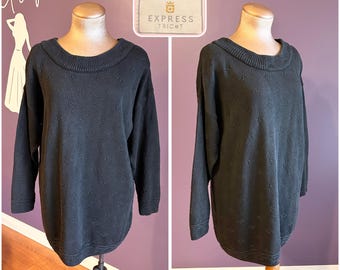 Klasyczny sweter z długim rękawem w stylu lat 90., ekspresowy, czarny, jednolity, XL