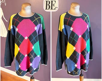 Vintage 80er Jahre Schwarz und Regenbogen Argyle Langarm Pullover Pullover XL