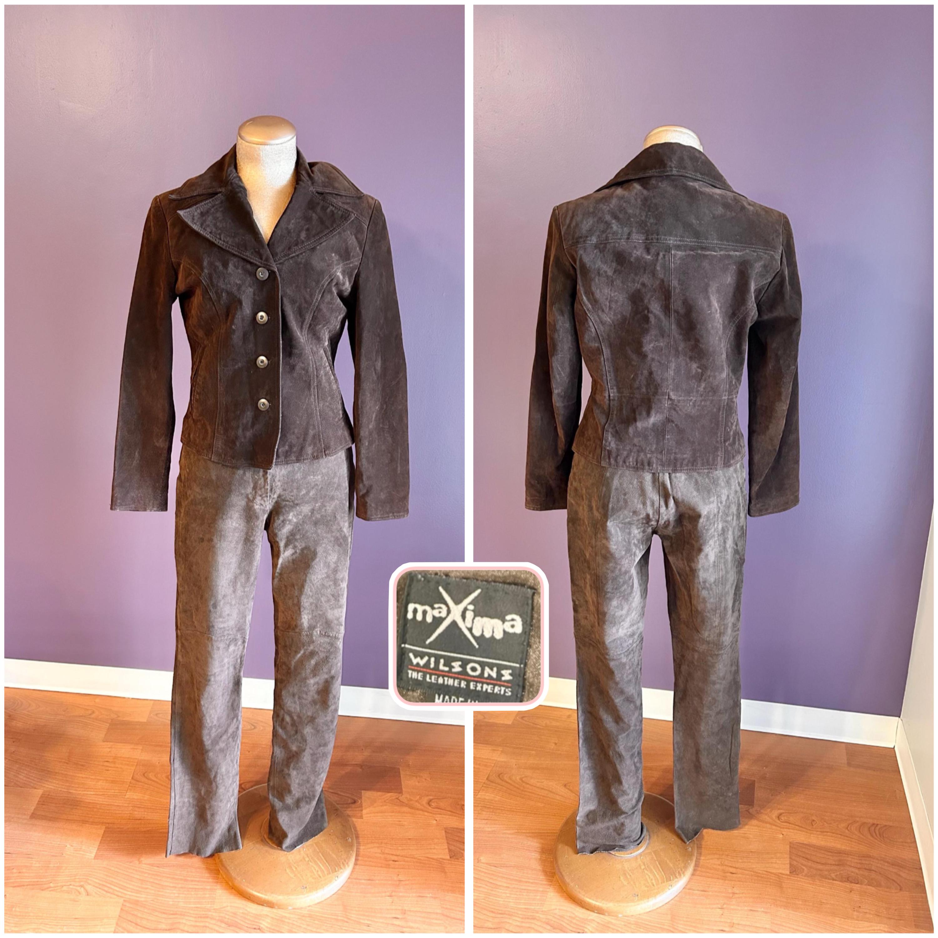 Vintage 90s Maxima Wilsons Leather Beautiful Brown Suede Two Piece Blazer and Pant Suit Set S M